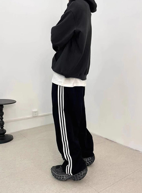 秋季新款美式高街三道杠长裤抗皱直筒百搭潮流休闲运动裤男女同款