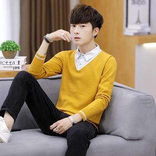 2025新款男士纯棉假两件针织衫男毛衣衬衫领长袖加绒秋冬男装上衣