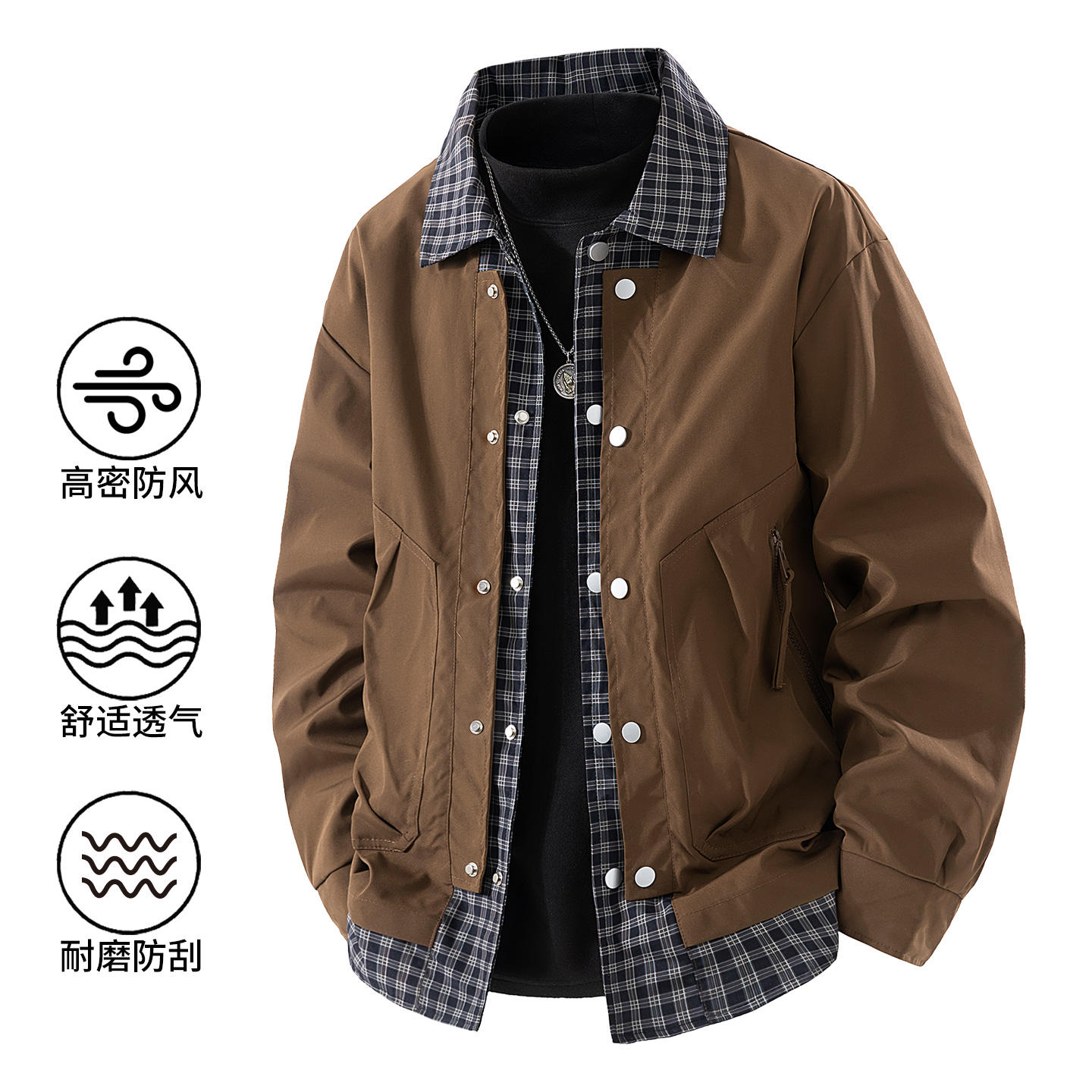 2025秋季新款时尚休闲男款格子衬衫领假两件外套潮流男款夹克跨境