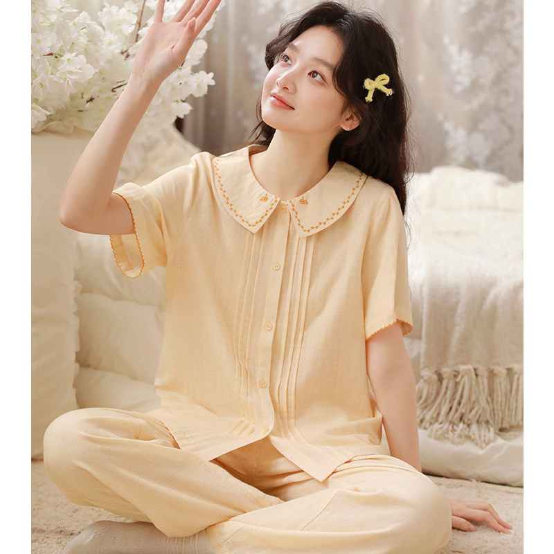 甜美风娃娃领短袖长裤睡衣女夏季纯棉双层纱布薄款家居服套装外穿