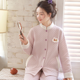 新款甜美风空气棉女士睡衣冬季三层夹棉加厚保暖家居服套装可外穿