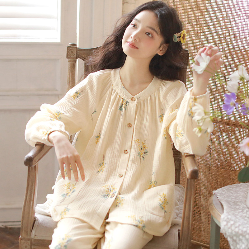 2026新款春夏季纯棉睡衣女士带胸垫长袖圆领双层纱薄款宽松家居服