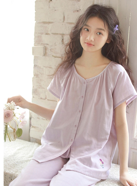 2026新款睡衣女夏款短袖七分裤纯棉双层纱开衫薄款家居服套装外穿
