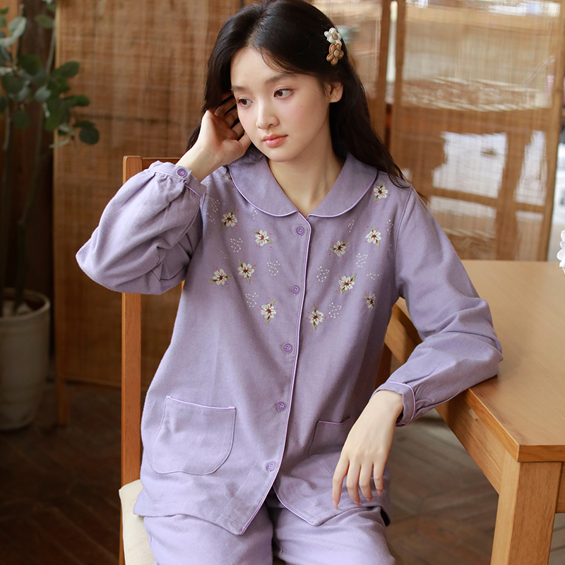 高级可外穿纯棉磨毛睡衣女款秋冬加厚全棉长袖家居套装刺绣宽松