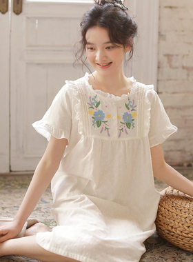蔓秋新款甜美风短袖睡裙女夏季白色纯棉纱布绣花圆领家居服可外穿