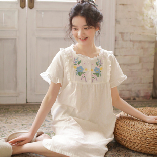 蔓秋新款甜美风短袖睡裙女夏季白色纯棉纱布绣花圆领家居服可外穿