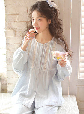 蔓秋春夏季长袖睡衣女甜美薄款纯棉纱布家居服套装空调房可外穿