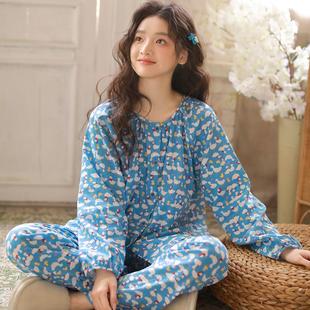 可外穿宽松透气 春秋季 纯棉纱布睡衣女长袖 开衫 日系碎花家居服套装