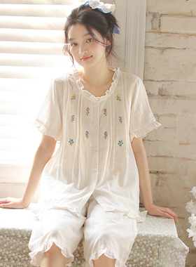 甜美白色全棉睡衣女夏2026新款短袖七分裤纯棉纱薄款家居服可外穿