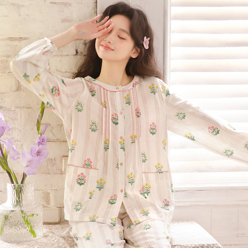 蔓秋甜美风纯棉碎花睡衣女春夏季棉纱长袖薄款圆领开衫家居服套装