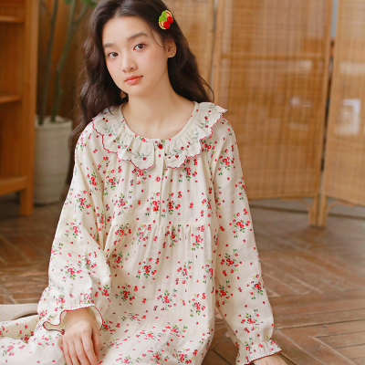 甜美花边纯棉睡裙女春秋2025新款三层纱布料100棉长袖睡衣裙大码