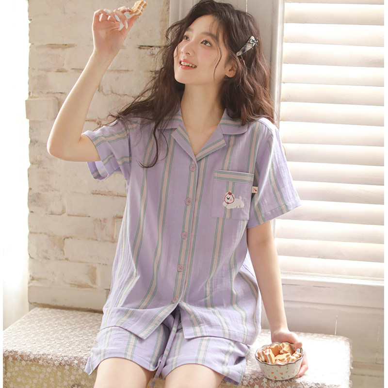 2026新款夏季薄款短袖睡衣女全棉纱布情侣款家居服时尚条纹可外穿