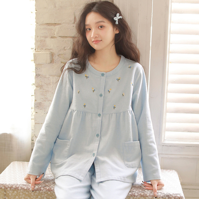 可外穿睡衣女秋冬季2025新款全棉磨毛圆领刺绣防凸点家居服套装