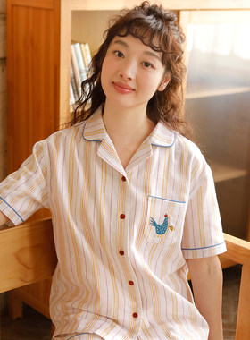 夏季纯棉条纹女睡衣套装青少年