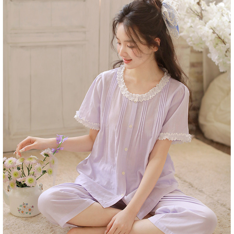 甜美风全棉纱布睡衣女夏季短袖七分裤蕾丝花边领可外穿家居服套装