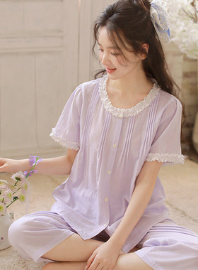 夏季全棉纱布蕾丝女短袖睡衣套装