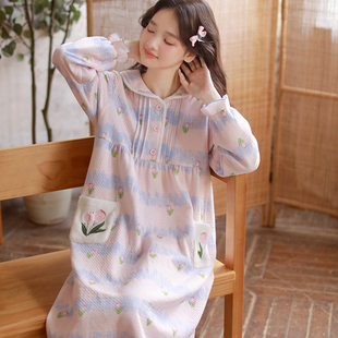 甜美风加厚睡裙女款秋冬季纯棉空气层冬三层夹棉长袖过膝少女睡袍