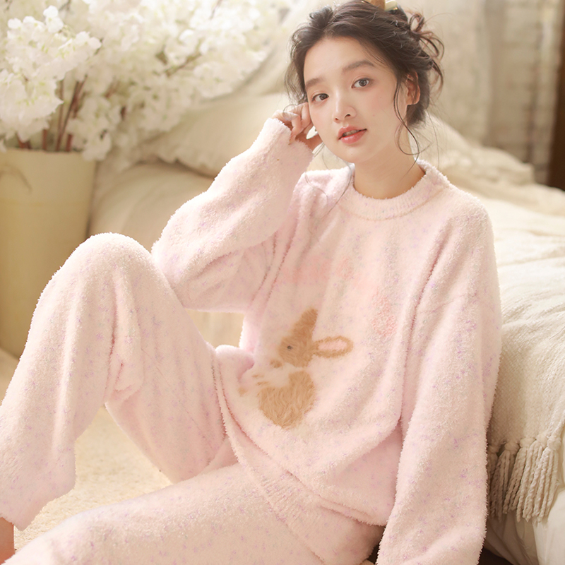 卡通可爱半边绒睡衣女秋冬加厚加绒保暖软绵绵家居服套装可外穿