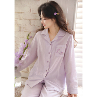 衬衫 蔓秋甜美卡通刺绣纯棉睡衣套装 长袖 薄款 领可外穿家居服 女春季