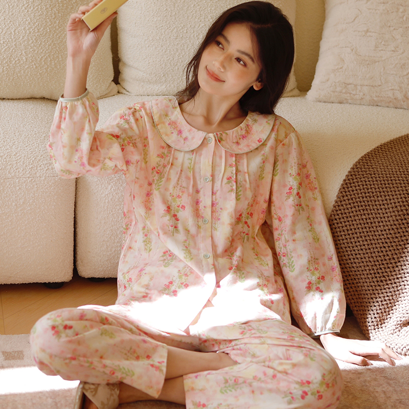 春秋新款女士全棉磨毛睡衣可爱娃娃领甜美印花碎花长袖家居服套装