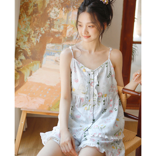 性感一体家居服套装 带胸垫夏季 薄款 纯棉纱布睡衣女款 甜美吊带短裤