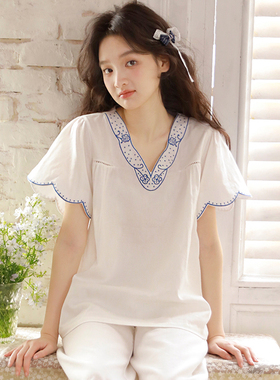 蔓秋简约风女士短袖V领刺绣睡衣夏季纯棉质高级感白色家居服套装