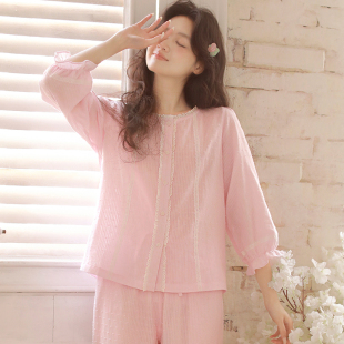 蕾丝花边可外穿家居服套装 蔓秋甜美风春夏薄款 纯棉睡衣女七分袖
