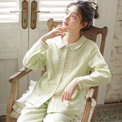 甜美刺绣纯棉睡衣女款2025新款高级感双层纱棉长袖家居服套装外穿