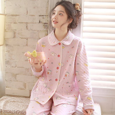 新款甜美可爱保暖夹棉睡衣女秋冬纯棉加厚空气棉可外穿家居服套装