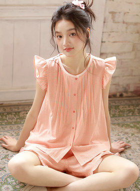 夏季清凉纯棉纱布无袖睡衣女甜美少女风短袖短裤格子家居服套装