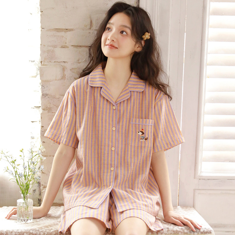 MEJU夏季纯棉双层纱女士短袖短裤睡衣套装日系可爱家居服可外穿