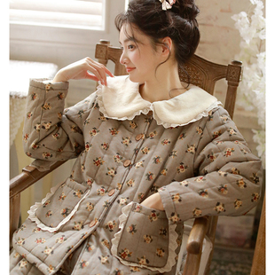 冬季新款甜美碎花棉袄纯棉三层夹睡衣女士睡衣加厚加绒长袖家居服