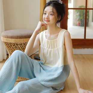 家居服可外穿 夏季 清凉背心全棉睡衣女2025新款 薄款 纯棉纱布无袖