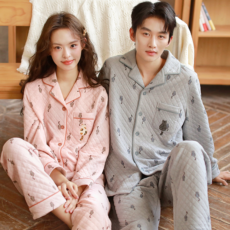 秋冬加厚情侣睡衣高级感简约男女套装纯棉空气棉保暖家居服两件套