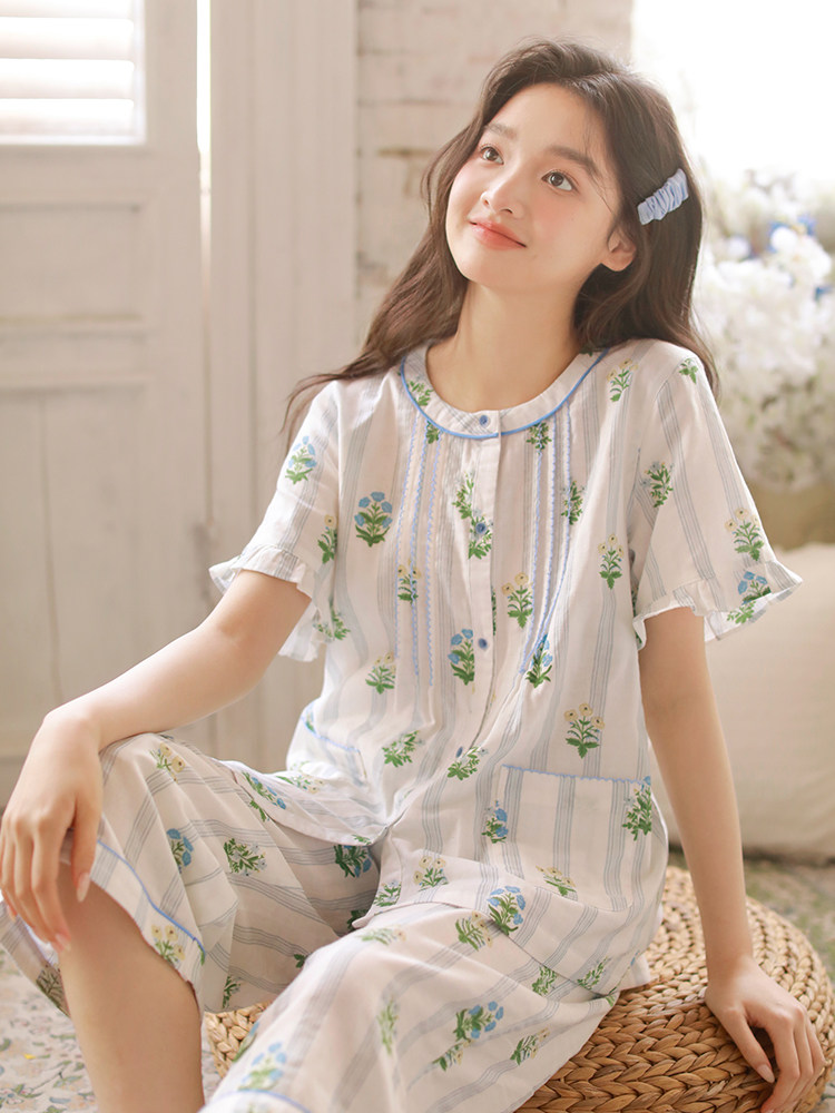 PAJAMAS SUMMER NEW WOMENS COTTON SHORT-SLEEVED CROPPED PANTS FRESH AND SWEET FLORAL LACE SUIT LOOSE LOUNGEWEAR