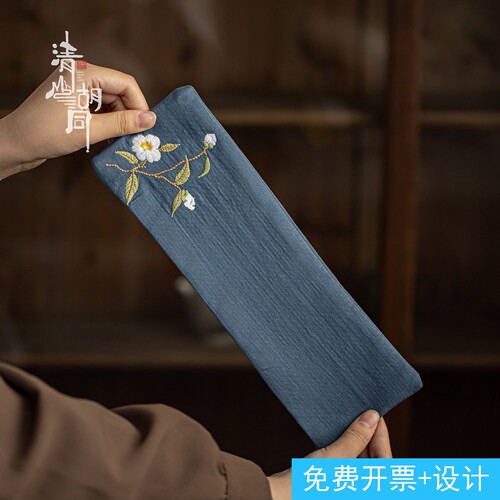 刺绣花卉茶巾棉麻双层茶道专用茶桌隔热巾茶道配件布艺茶台抹布