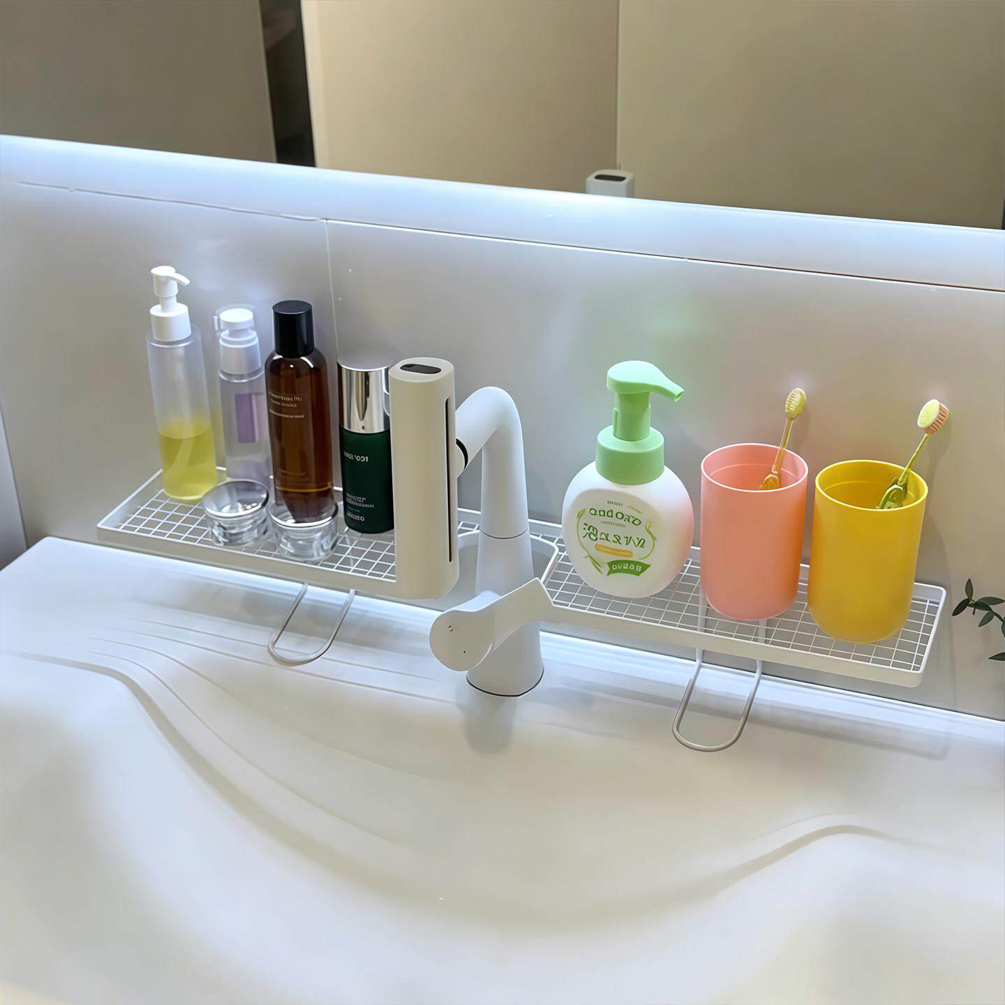 奶油风水龙头置物架家用卫生间洗漱台洗面奶牙具免打孔收纳沥水架