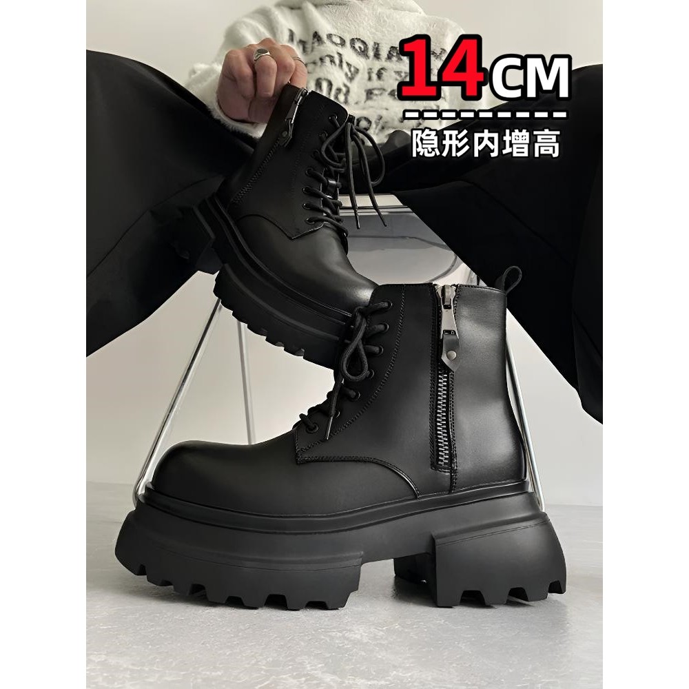 真皮厚底高帮马丁靴14cm内增高男鞋黑色皮鞋骑行靴切尔西增高12cm