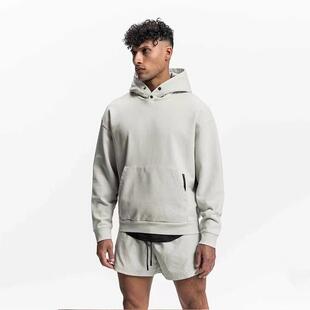 加绒运动卫衣男款连帽冬380克棉落肩套头衫宽松大码美式健身外套