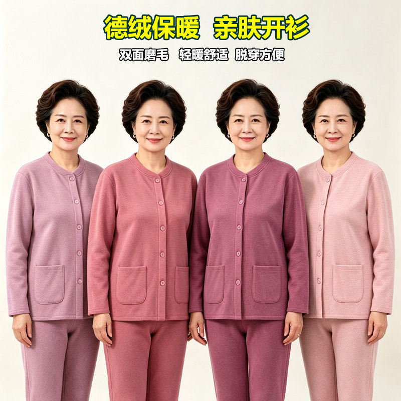 中老年女士德绒开衫秋衣秋裤妈妈保暖内衣套装开扣加肥加大棉毛衫