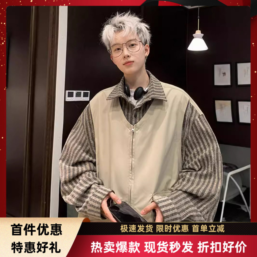 两件翻领商务黑色日系宽松长袖衬衫男士2025新款春秋男款复古条纹