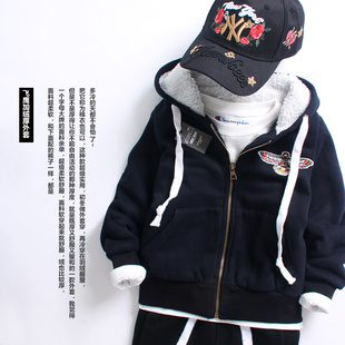 儿童羊羔绒加绒连帽卫衣男女童保暖拉链开衫纯色外套