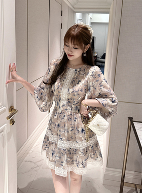 宁芙心心 柔光铃兰 蕾丝花边拼接设计 收腰显瘦雪纺原创连衣裙
