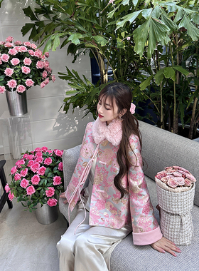 宁芙心心原创 减龄中国风 粉嫩织锦 可拆卸毛领 拜年夹棉小袄外套