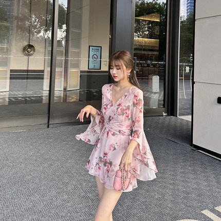 宁芙心心 花神芙罗拉 柔雾粉花 原创鼻祖 雪纺飘逸水袖连体裤