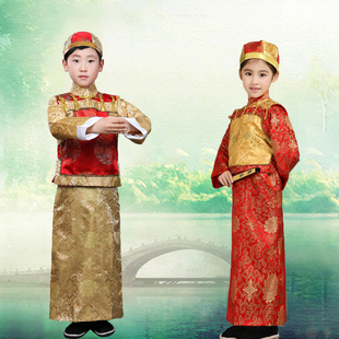 儿童古装男清朝阿哥服 贝勒少爷地主演出服 唐装汉服古代官服帽子
