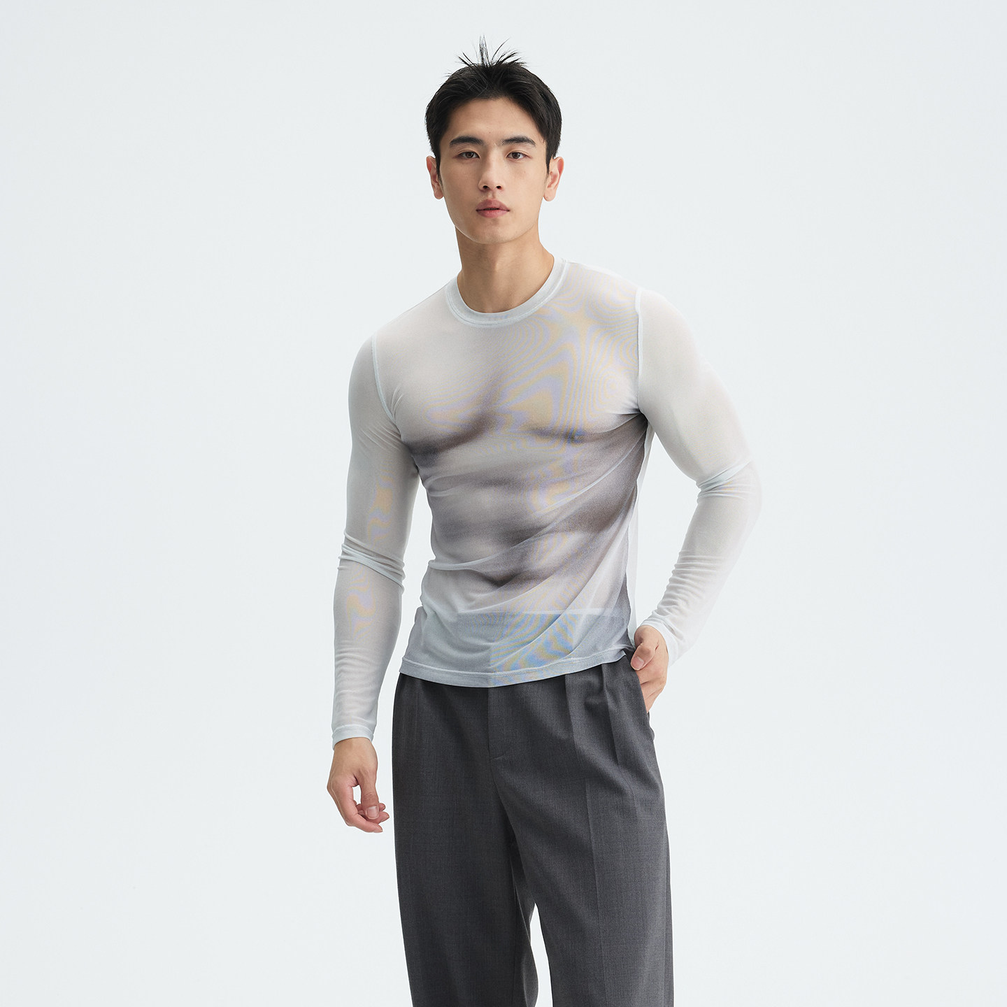 MUZEDUSTUDIO错视觉肌肉网纱透感长袖紧身T恤,男装,T恤,淘宝优惠券,粉丝福利购,淘宝优惠卷