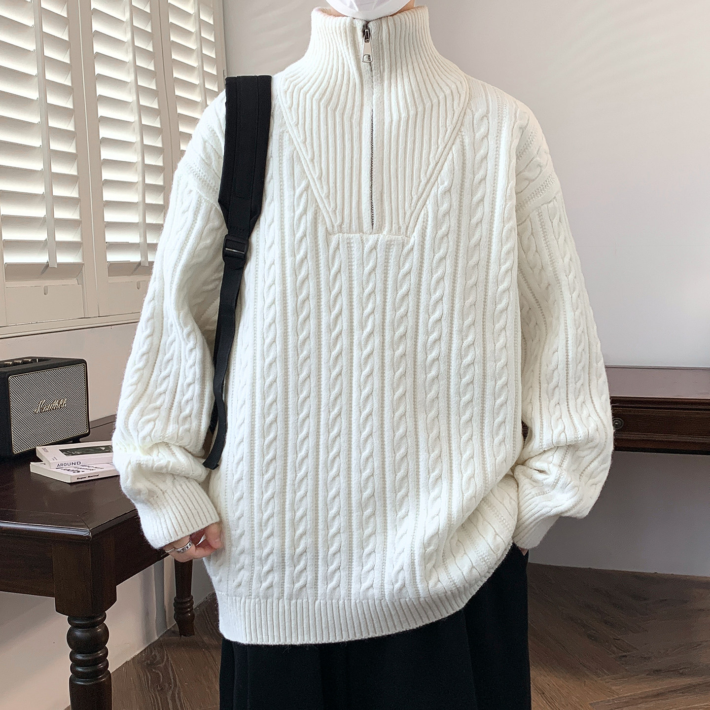 秋冬新款半拉链麻花毛线针织上衣男款潮流休闲通勤保暖卫衣百搭立