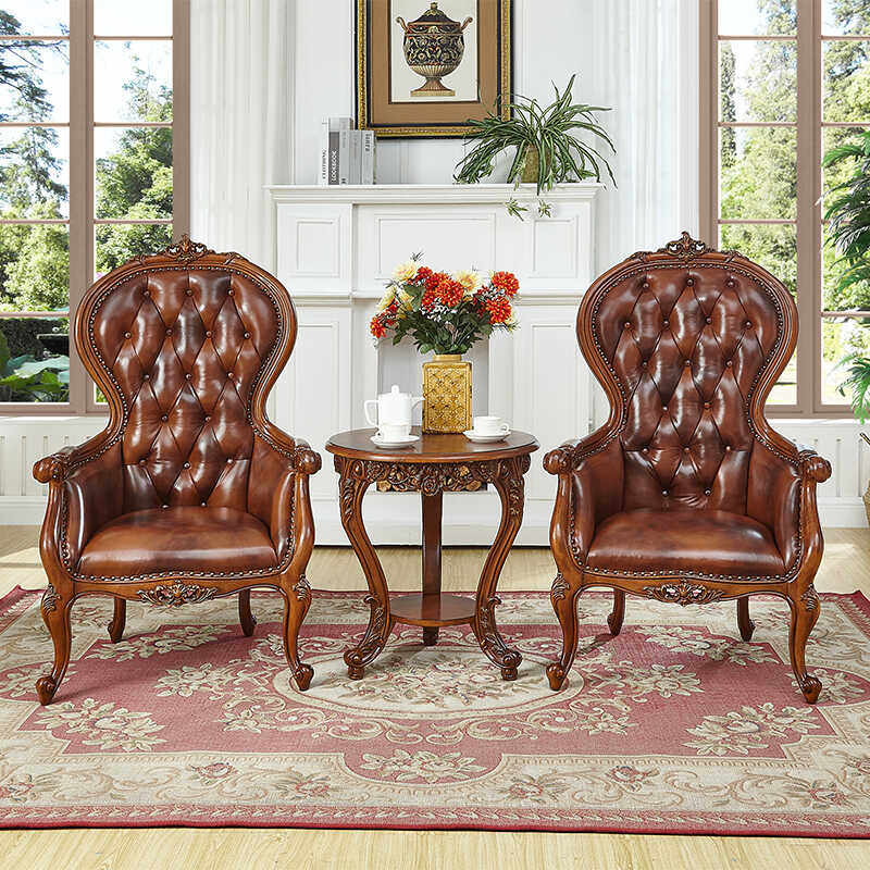 美式实木真皮休闲椅单人沙发趟椅小户型客厅高背卧室阳台老虎椅