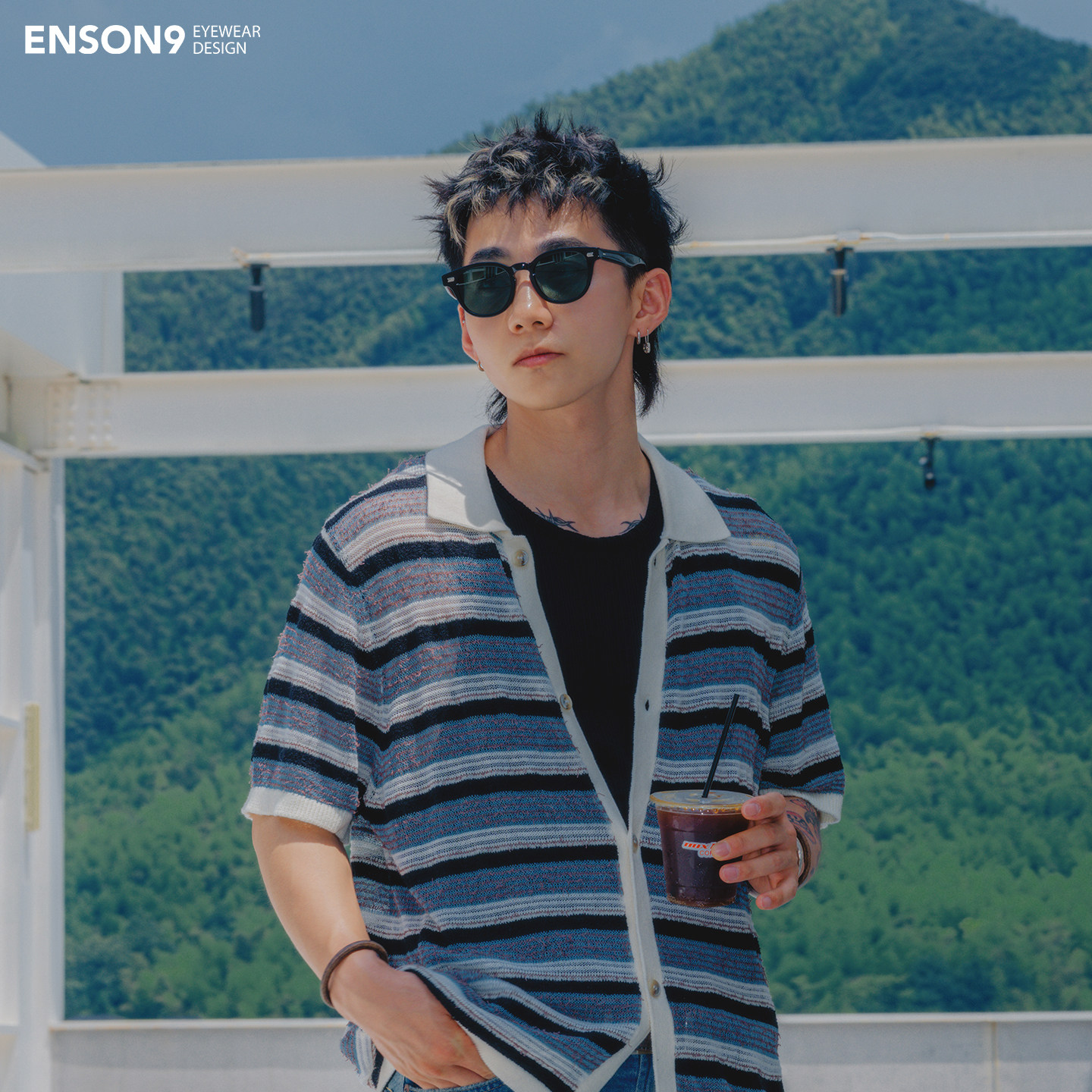 enson9高级户外板材半透方框墨镜潮男女 复古粗框大框橘色太阳镜